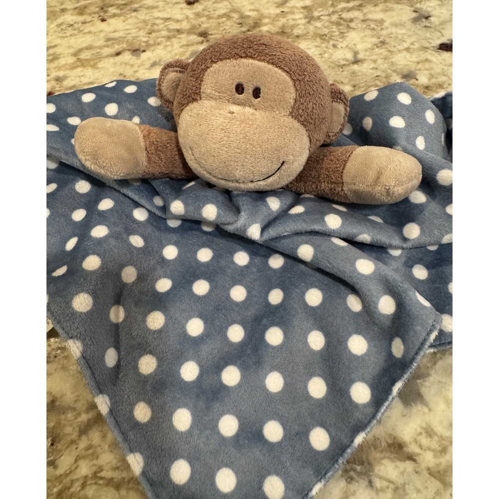 Baby Starters Blue Polka Dot Monkey Security Satin Back Lovie Plush 14x14